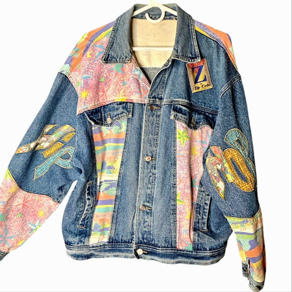 80's 90s Trucker Denim Jacket Hip Hop Colorblock Patchwork Celestial Y2K L